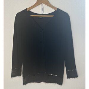 Vtg Carole Little Knitwear Cardigan Sweater Womens L Black Mohair Trim Old Money